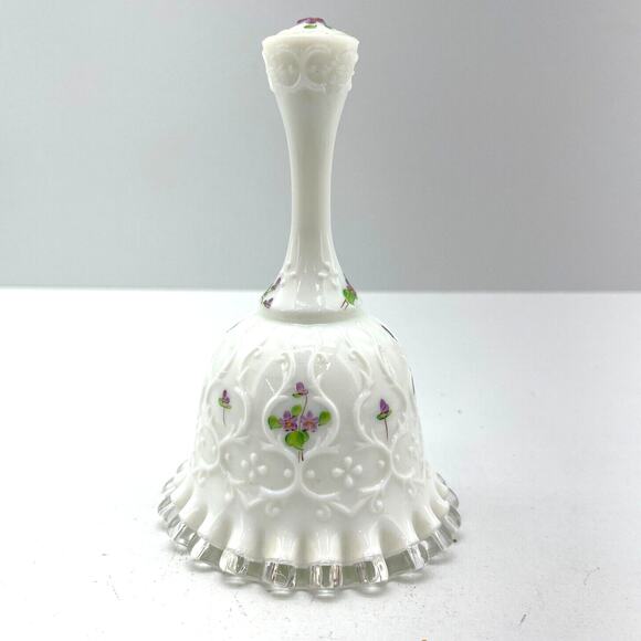 Fenton Glass Bell Silver Crest Hand Painted Floral Ruffled Edge by Kim Blake - Picture 7 of 9